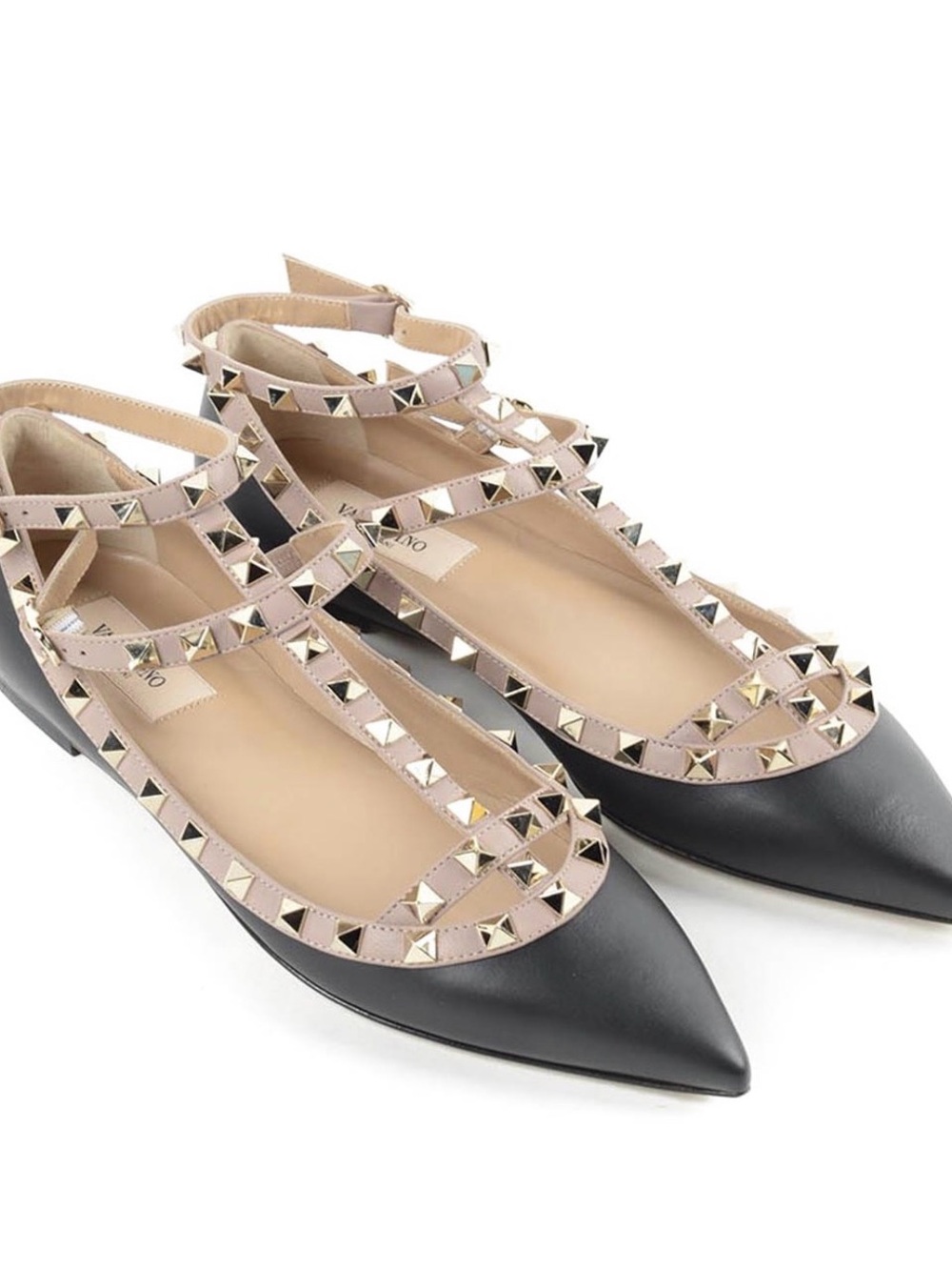 Valentino Garavani Black and Nude Rockstud Pointed-Toe Flats with Box sz 39